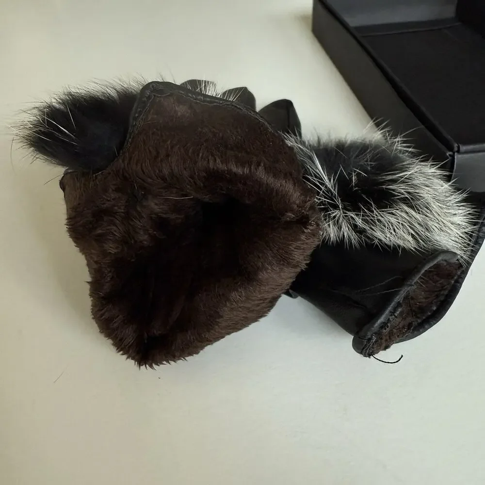 NIB Faux BlackLeather Gloves Faux Fur Pom Detail Mob Wife Aesthetic Women Size M